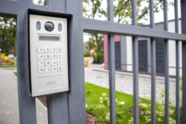 Video intercom on the gate at the entrance to the residential area. Electronic intercom to a private area. closed residential yard